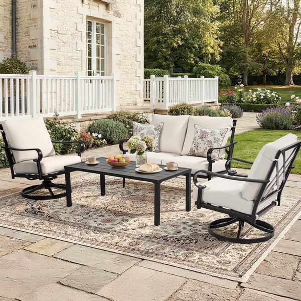 patio furniture set, outdoor conversation set, outdoor patio chairs, patio coffee table, outdoor seating set, brand awareness, lifestyle, calm, neutral, brown, green